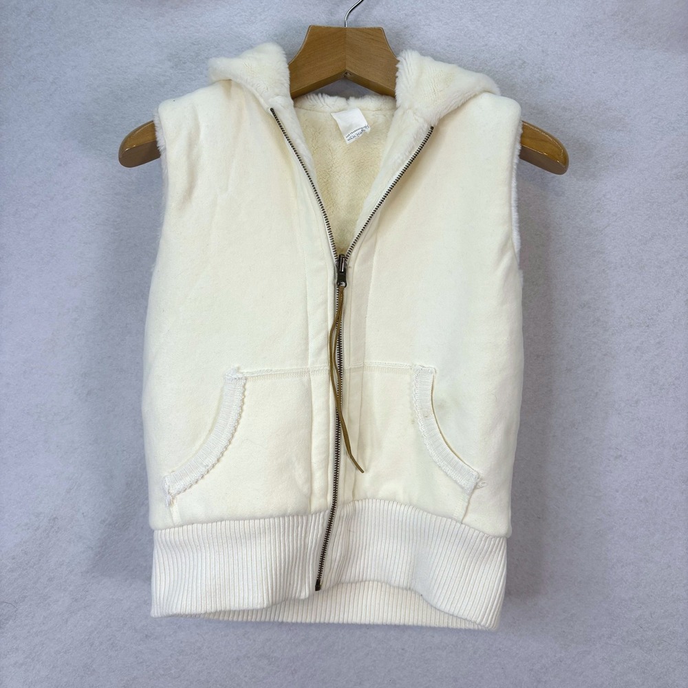 Vtg Old Navy Reversible Faux Fur Hooded Vest Cream Fleece Womens M Y2K Cozy